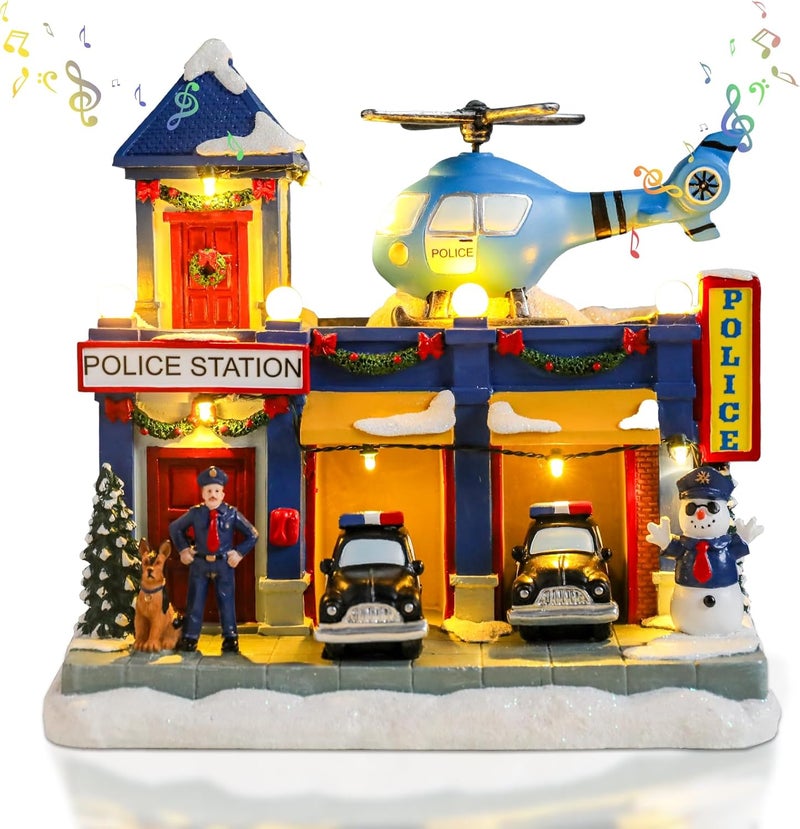Vipush Christmas Village House Decorations Resin Police Station Home Decor Indoor Building Figurines Revolving Train with LED Light and 8 Christmas Music for Kids - Image 1